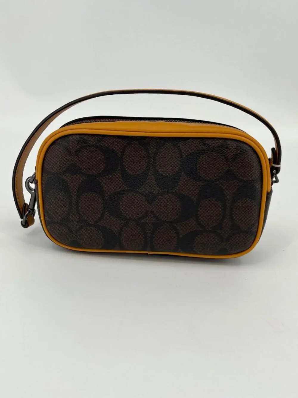 Coach Jamie Wristlet In Signature Canvas With Varsity Motif QB/Brown/Buttercup